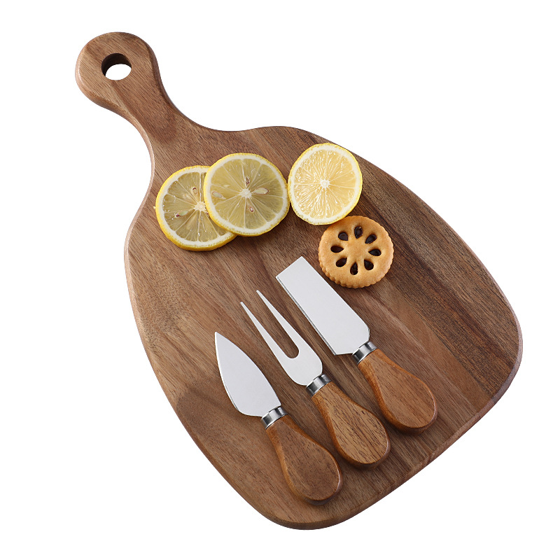 In stock: Acacia wood cutting board, cutting board, steak, Western food, fruit cutting board, cheese and cheese board set, cheese knife three-piece set Specification drawing
