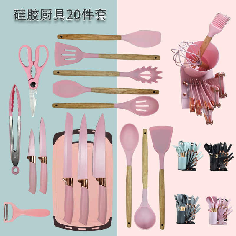 Silicone kitchenware knife set 20 pieces, acrylic rose gold base kitchen knives, cooking spatula and spoon set new in stock Application Scenario