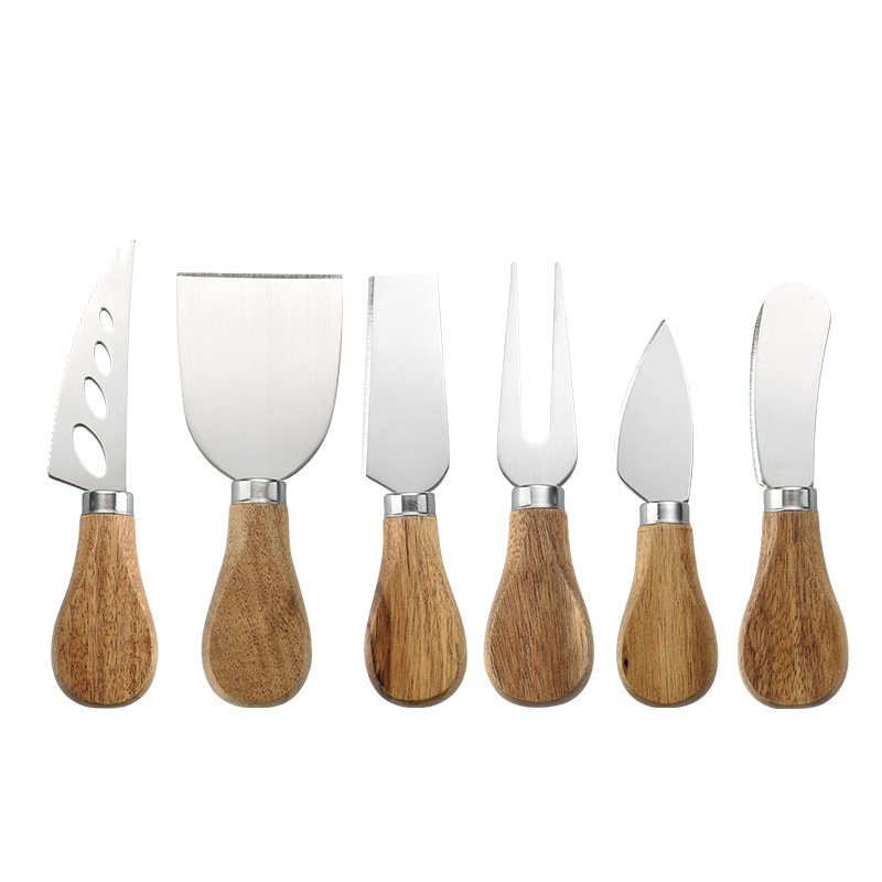 Available in stock: Stainless steel cheese knife with acacia wood handle, cheese knife gift box set, cheese knife six-piece gift box set Item Picture