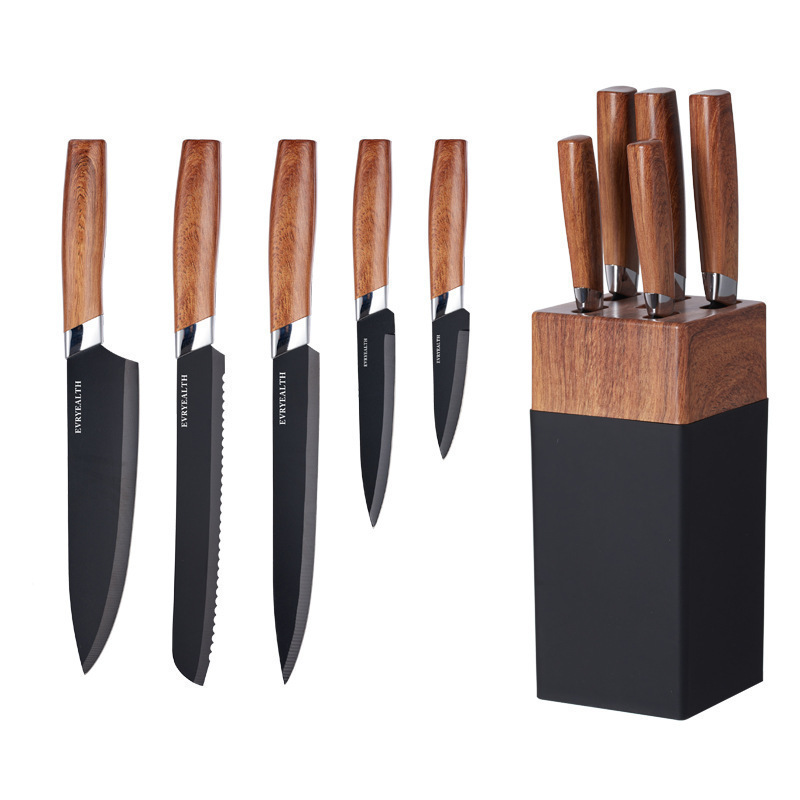 Wholesale foreign trade kitchenware, wood-grain handle, square bucket seat, stainless steel knife six-piece set, chef knife, fruit knife gift set Item Picture