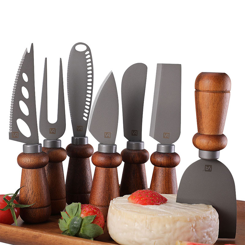 High-quality cross-border in-stock cheese knife, cheese knife, acacia wood butter cutter, stainless steel cheese knife and fork, titanium-coated full figure