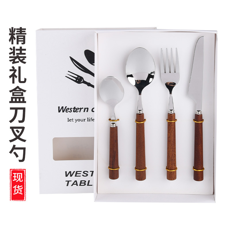 Foreign trade Western cuisine tableware, Luohan bamboo stainless steel knife and fork set, high-end tableware, knife and fork for cutting steak, gift box set full figure