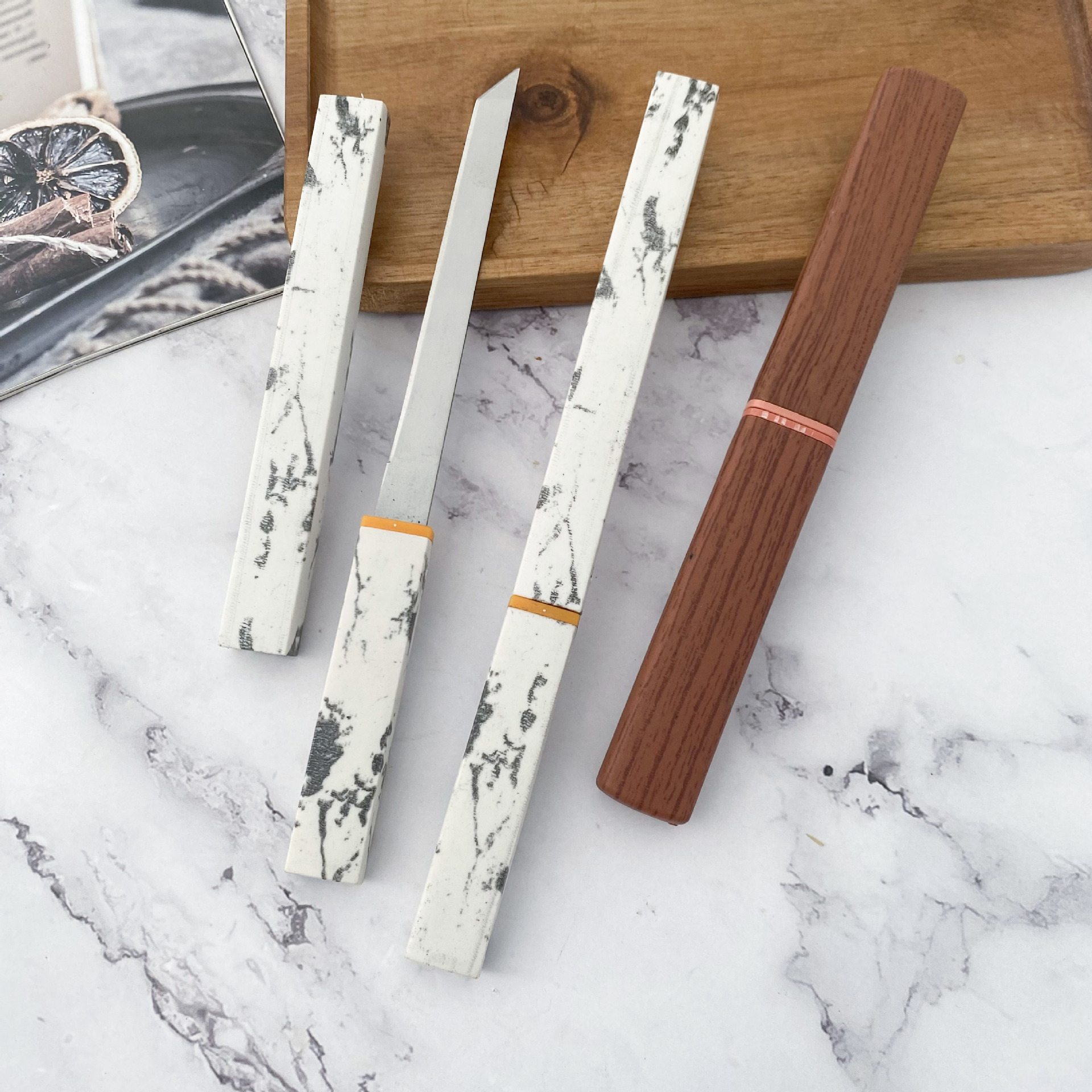 Factory stock of stainless steel small station boat knives, cloud ink knives, double dragon double knives, black-handled small straight knives with knife sleeves Specification drawing