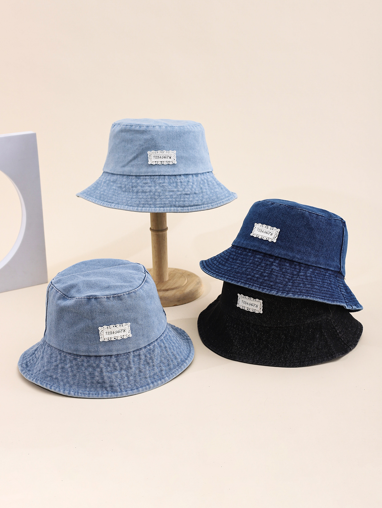 Spring and summer Korean style simple number 12345678 lace label denim fisherman hat, fashionable and versatile, travel sun protection and shade foldable basin hat, export adult hat, average size 58CM full figure