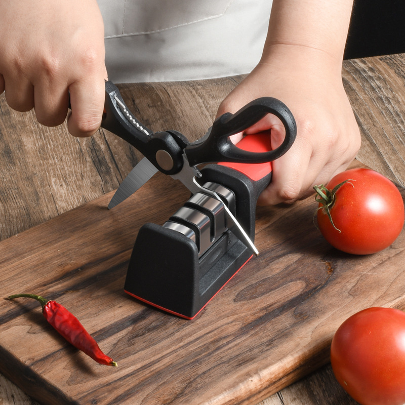In-stock household quick knife sharpener, three-stage whetstone, multi-functional kitchen handheld stainless steel red and black knife sharpener Specification drawing