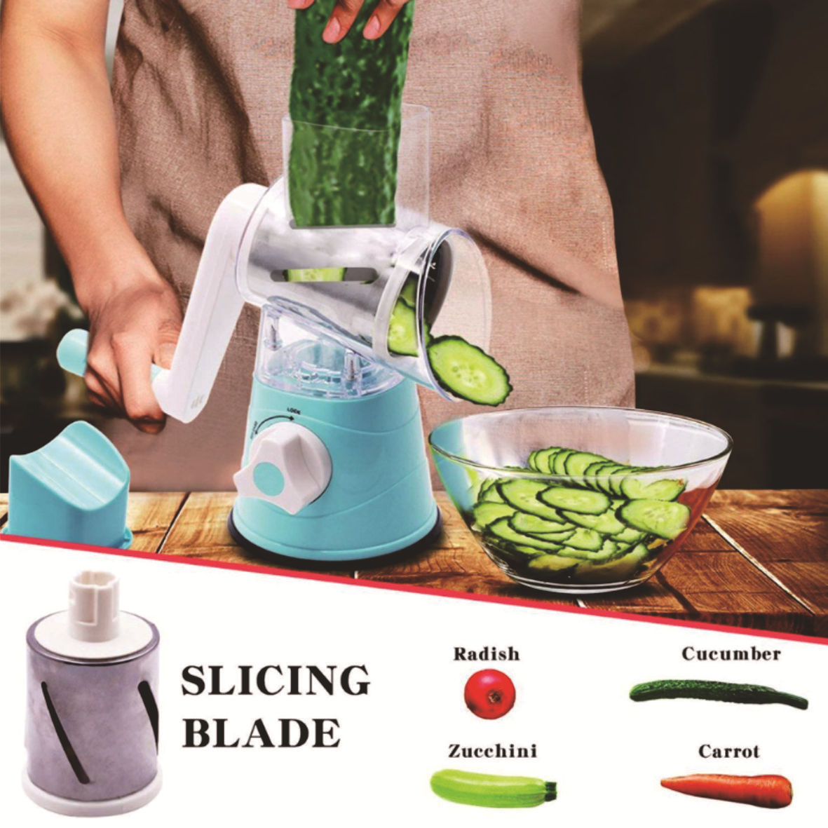 Cross-border hand-cranked drum vertical multi-functional vegetable cutter, grater and vegetable cutter, three types of knife heads, kitchen small tools Application Scenario