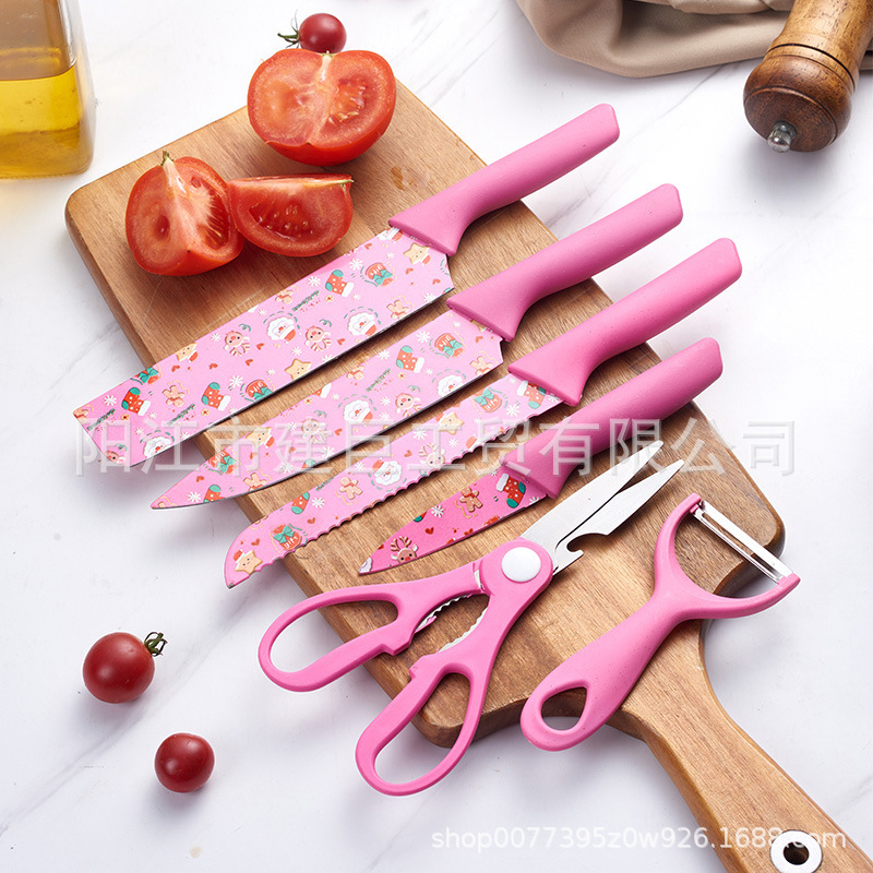 A popular foreign trade set of stainless steel straw printed six-piece knives in a color box for Christmas printed kitchen gift knives full figure
