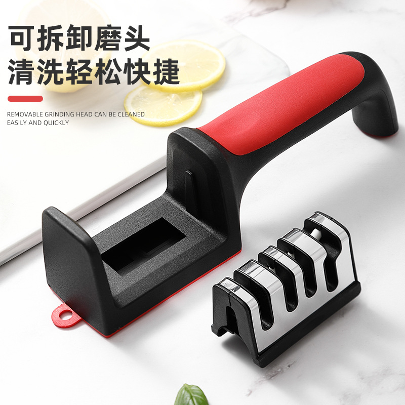 Quick knife sharpener, a household multi-functional knife sharpener, manual whetstone wholesale, three and four sections creative grinding tools Application Scenario
