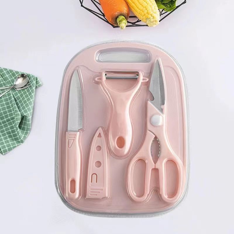 Knife set, simple gift set, fruit knife, melon peater, Yangjiang knife, stainless steel four-piece set, cutting board scissors full figure