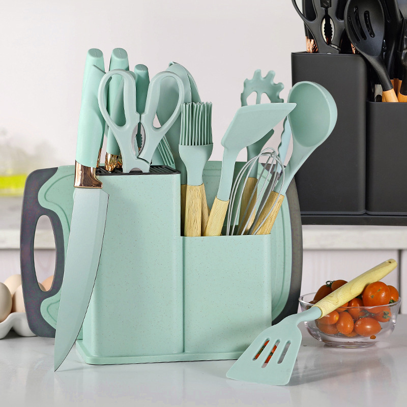 Cross-border knife set of 19 pieces, silicone high-temperature resistant kitchenware, non-stick cookware, cooking spatula and spoons, storage bucket combination kitchenware Application Scenario