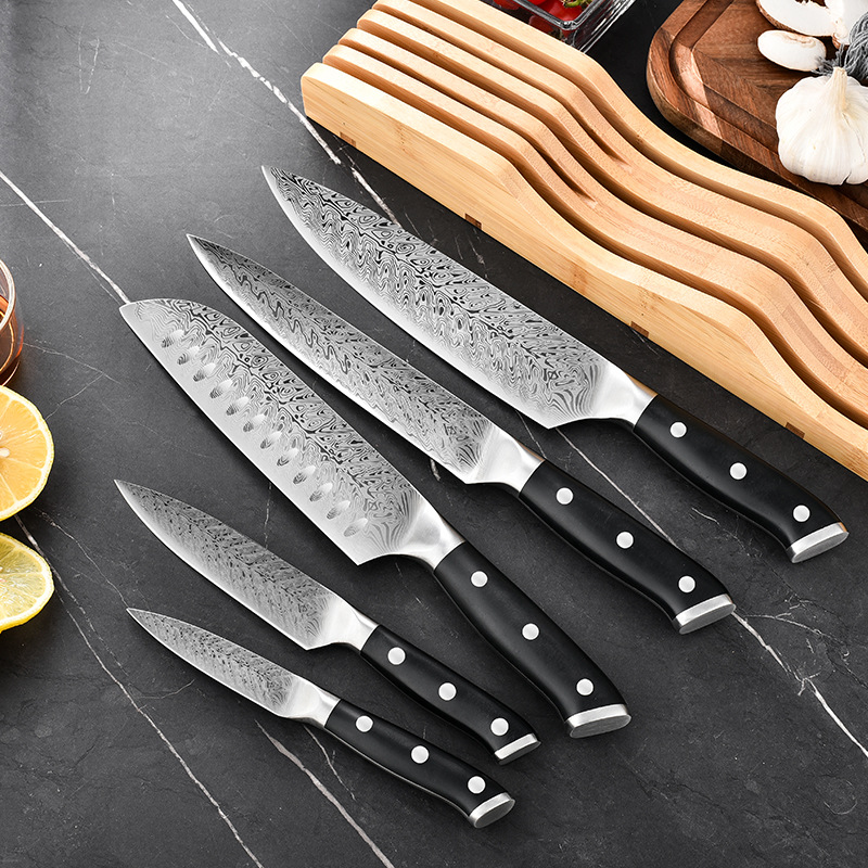 Amazon cross-border Damascus pattern set knife, stainless steel knife, chef's knife, household meat slicer, chef's cooking knife details Picture