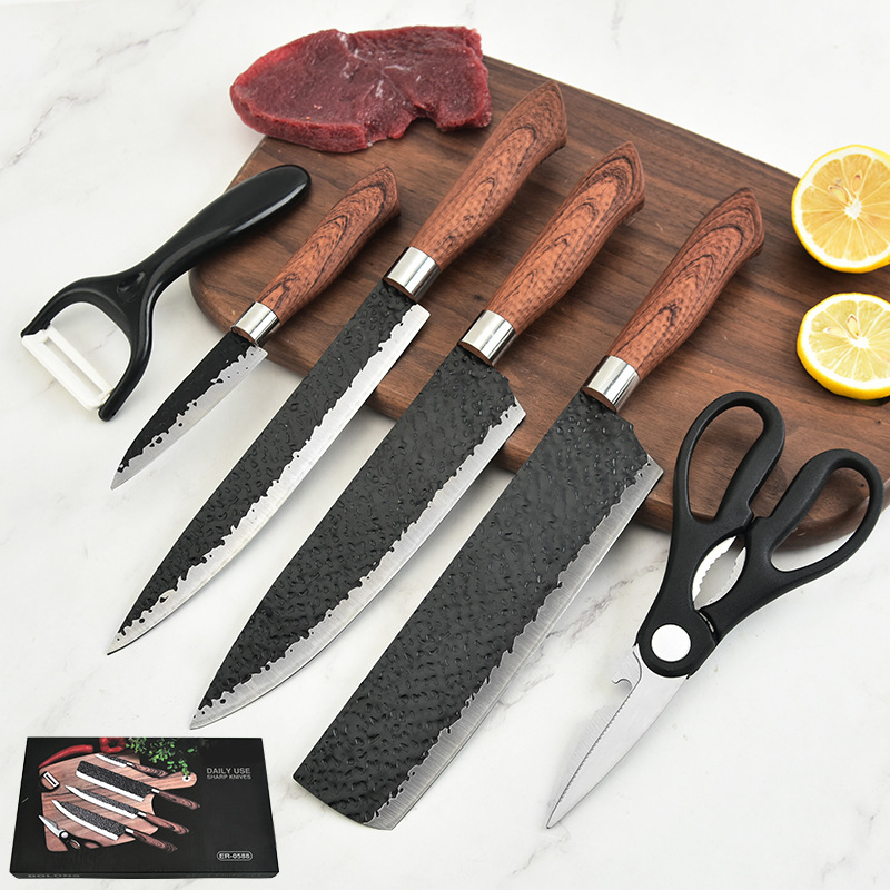 The manufacturer's new hammer-textured six-piece set of knives, embossed, forged and painted stainless steel knives, with handles and gift color box sets details Picture