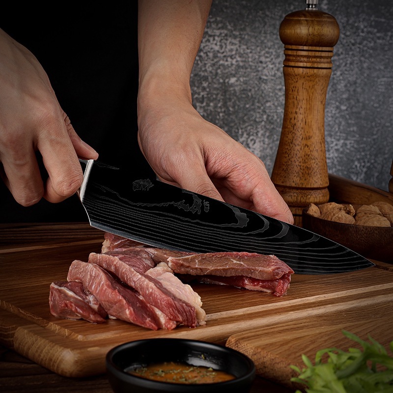 New resin handle Damascus laser pattern chef knife, Santoku knife 4Cr14 stainless steel set knife details Picture