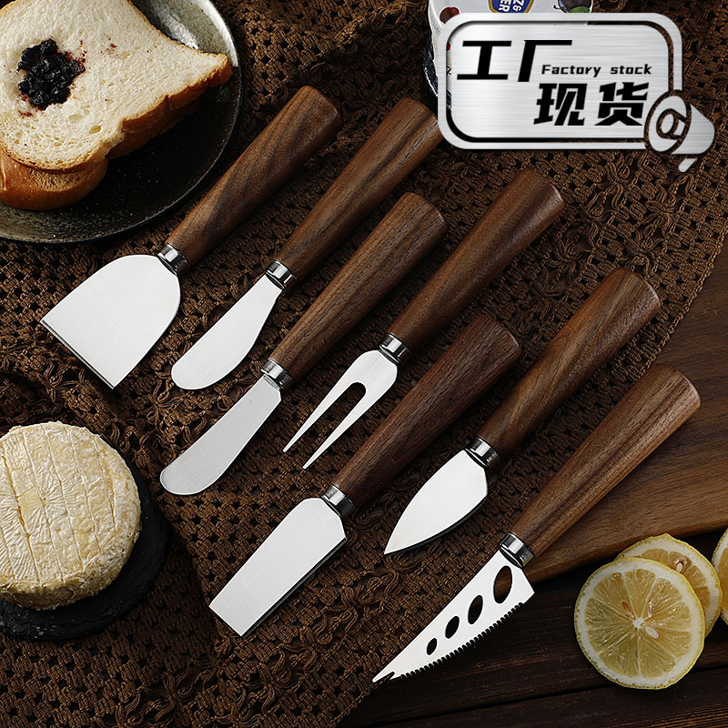 Factory in stock: Stainless steel cheese knives, walnut handle cheese knives, Western-style knives, table knives, steak knives, forks, butter knives full figure