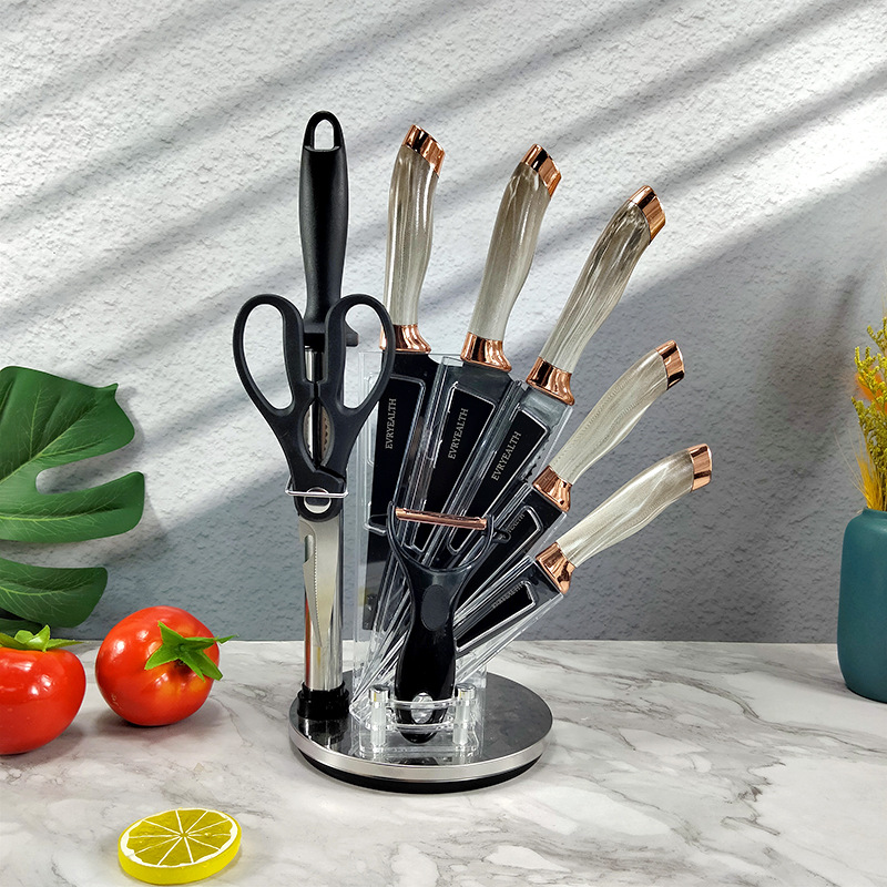 Knife set: Stainless steel painted kitchen knife, double electroplated head, nine-piece set, acrylic rotating knife seat, kitchen knife set details Picture