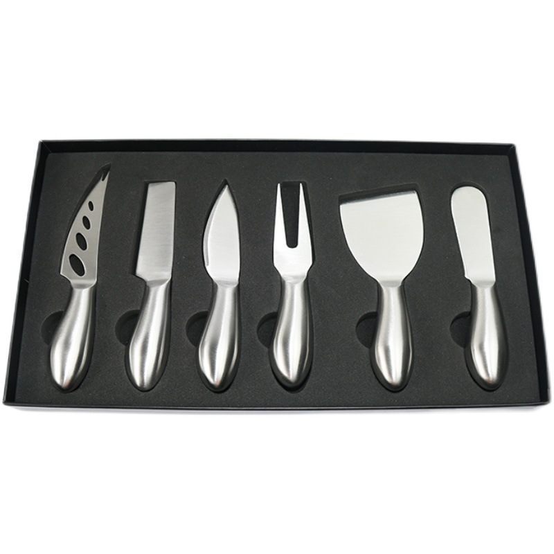 Cross-border stainless steel cheese knife set, hollow handle meat slicer and fork, butter knife, spatula, cheese knife 6-piece gift box Item Picture