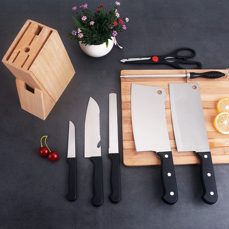 Knife set: Kitchen knife, bone-cutting knife with wooden knife holder, knife stand, eight-piece set, stainless steel knife, business gift Specification drawing