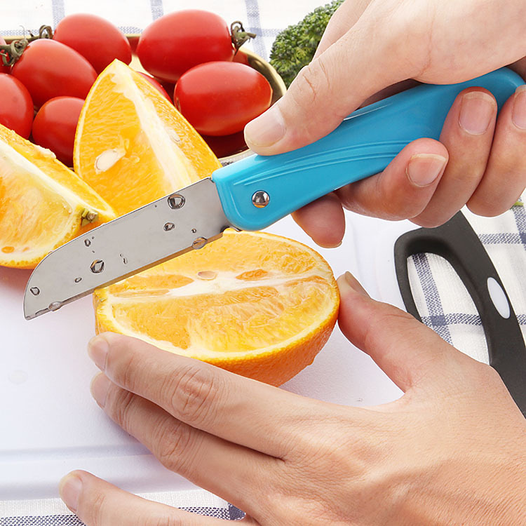 Folding fruit knife, candy-colored plastic handle folding fruit knife, sharp stainless steel folding knife, peeler Application Scenario