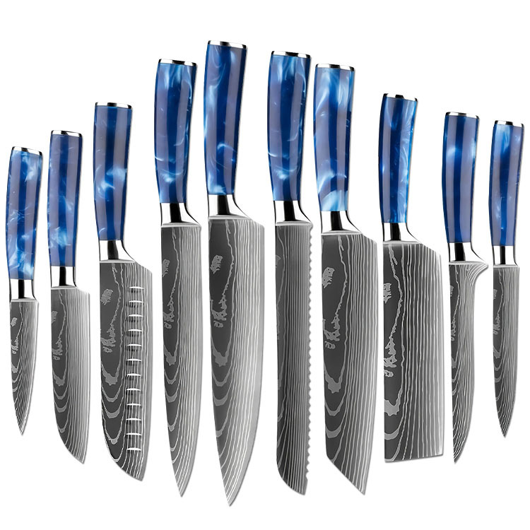 Stainless steel blue resin handle chef knife, meat and fruit slicing, all-purpose bone-removing kitchen knife 10-piece set, cross-border knives Item Picture