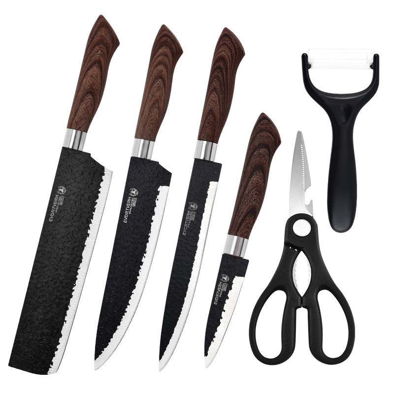Stainless steel hammer-textured forged six-piece set of spray-painted knives with covered handles, household kitchen tools in stock for wholesale Item Picture
