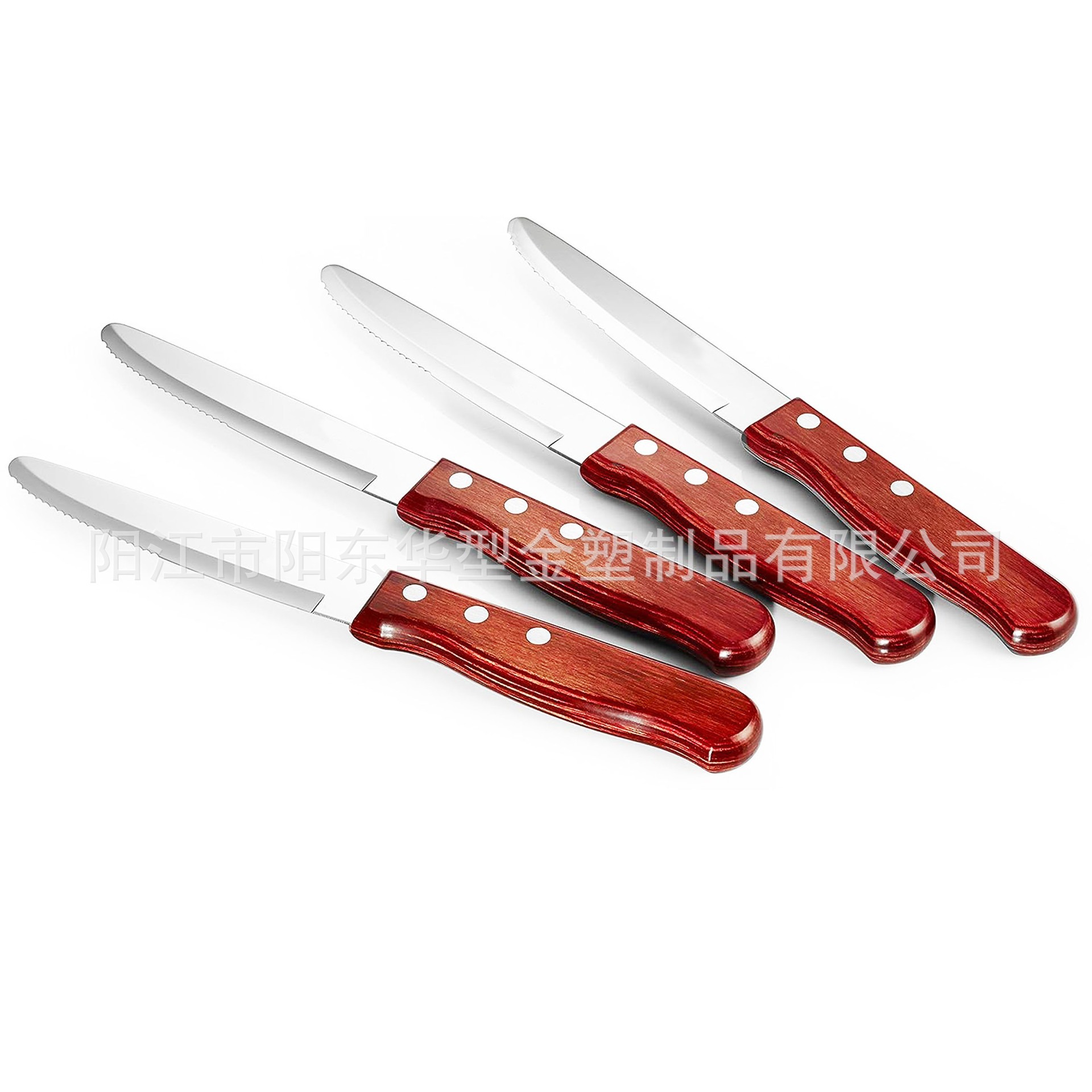 Stainless steel steak knife with color wood handle, Western cuisine knife, composite technology wood handle 6-piece set, serrated blade Application Scenario