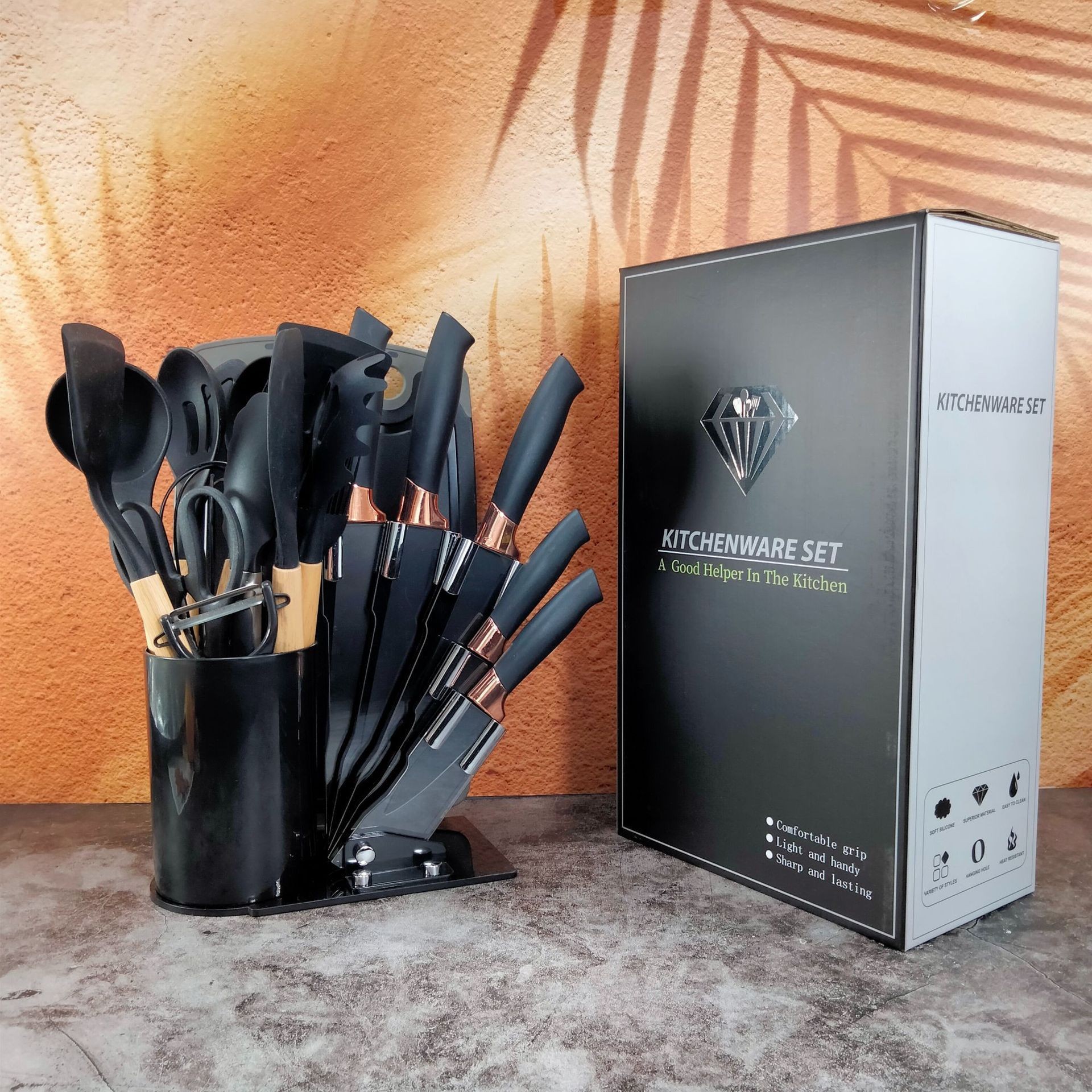Silicone kitchenware knife set 20 pieces, acrylic rose gold base kitchen knives, cooking spatula and spoon set new in stock full figure