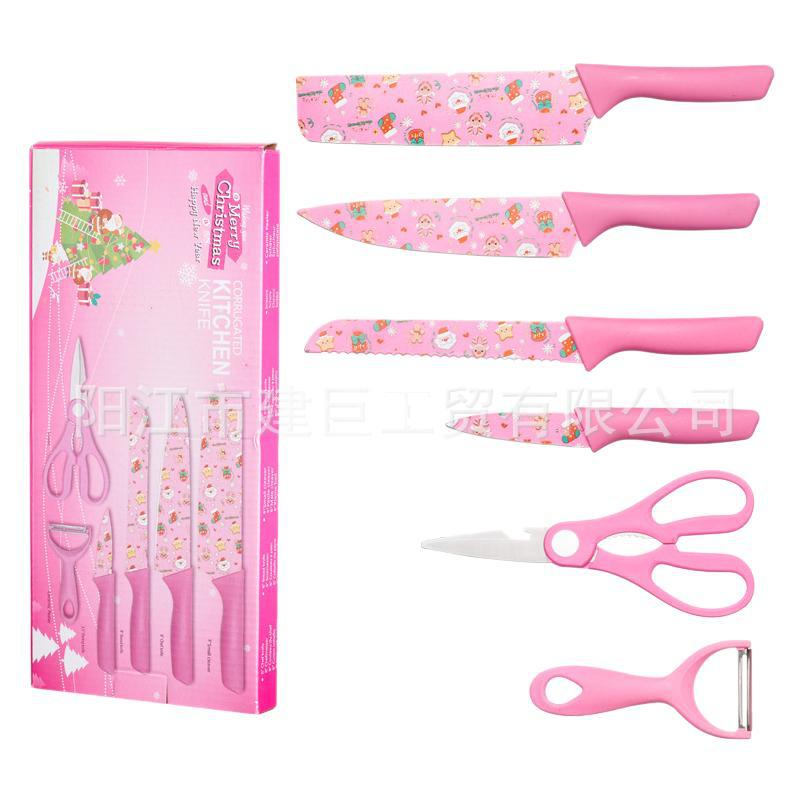 A popular foreign trade set of stainless steel straw printed six-piece knives in a color box for Christmas printed kitchen gift knives Item Picture