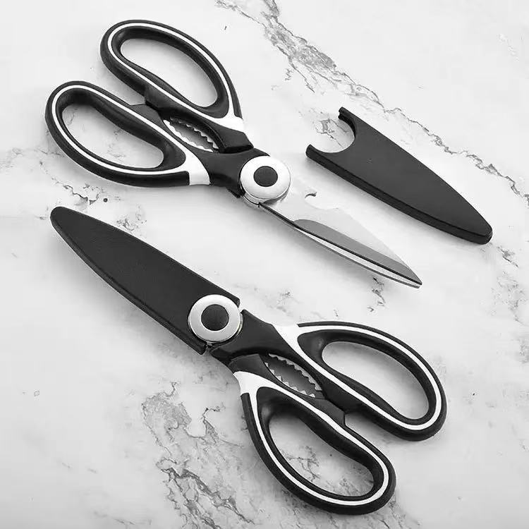 Stainless steel multi-functional kitchen scissors with a cutting cap for cutting fish, duck, chicken bones, barbecue meat and panda full figure