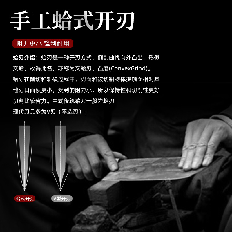 Export chef's knife, hand-forged high-chromium carbon stainless steel kitchen knife, solid wood hand-handled clam blade meat cutting knife Specification drawing