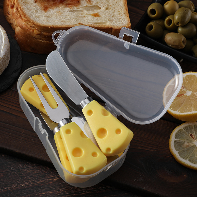 Cross-border creative tableware with storage box, portable cheesecake knife, stainless steel 5-piece cheese knife set Specification drawing