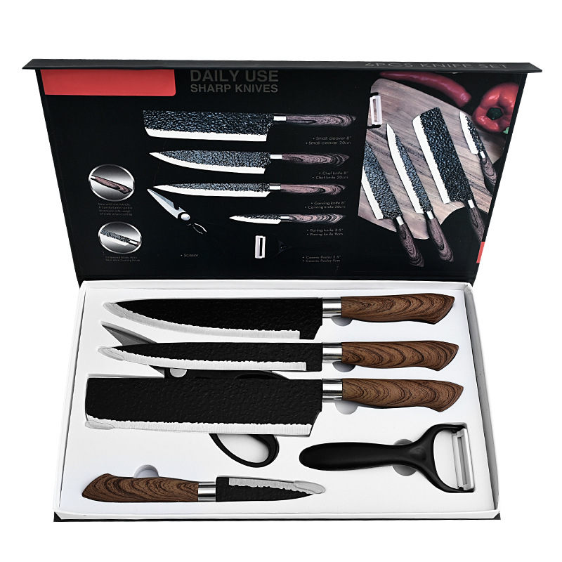 New hammer pattern six-piece set, black steel forged and painted stainless steel kitchen knife set, covered handle gift box Item Picture