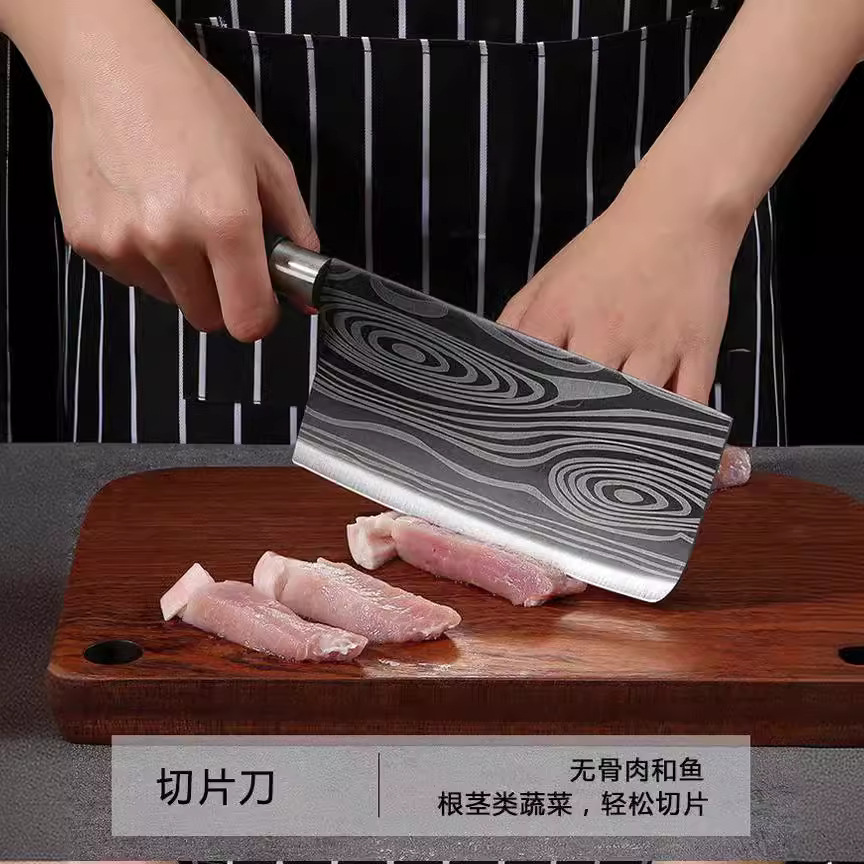 Yangjiang manufacturer's stainless steel laser-patterned knife set, household Damascus patterned meat cutter, chef's knife, bone cutter Specification drawing