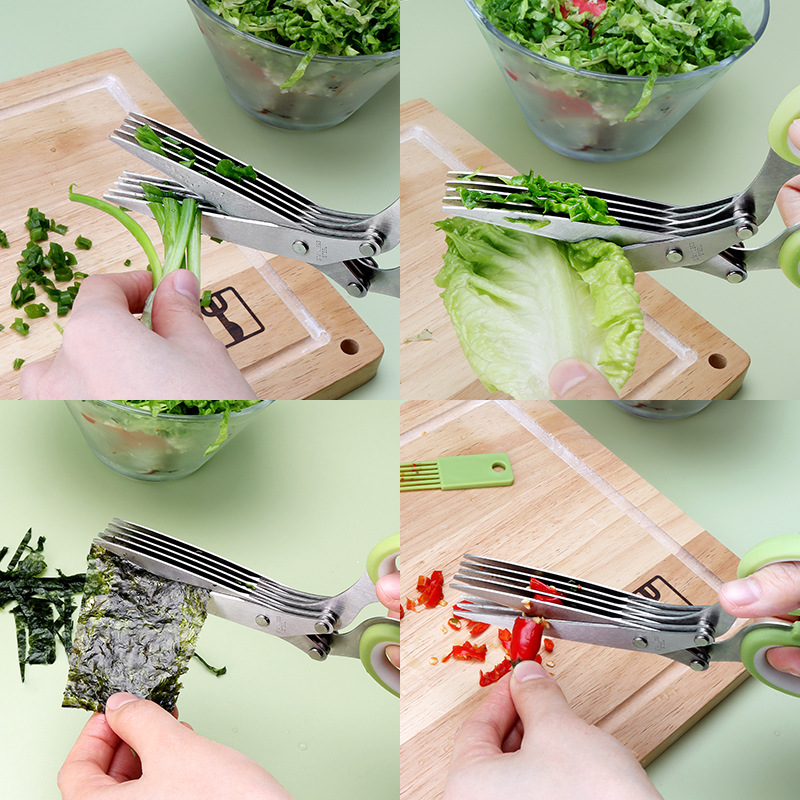 Factory stock: Multi-layer scallion and vegetable scissors, five-layer herb shredded paper scissors, three-layer stainless steel herb scissors details Picture