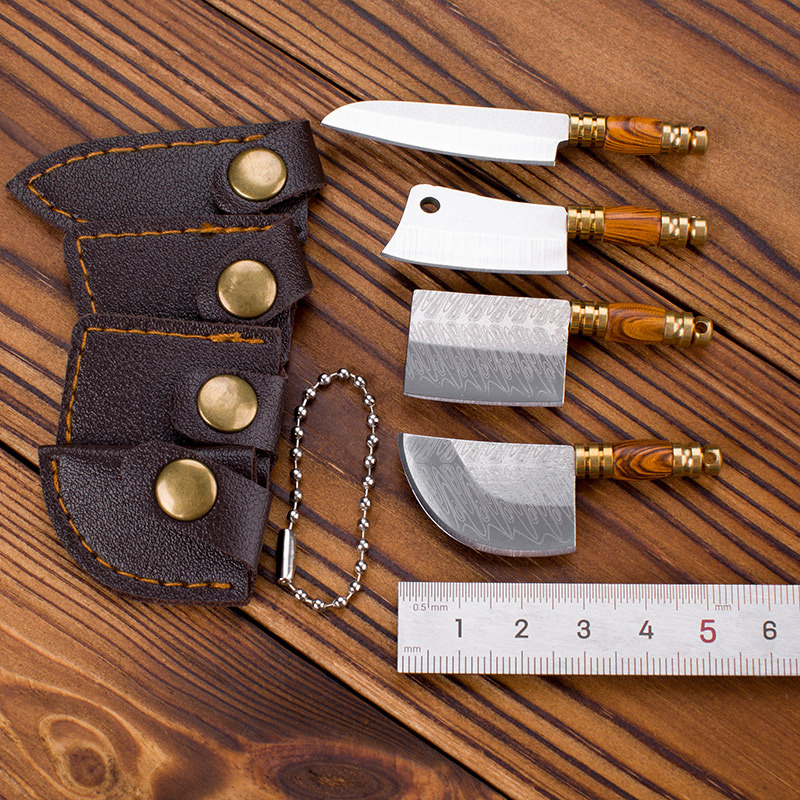 Mini knife with wood-grain handle and laser pattern, sharp, portable keychain pendant, small knife for opening packages and boxes details Picture