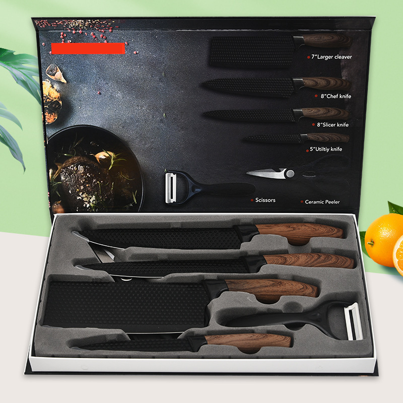 Kitchen stainless steel knife set, fat handle covered six-piece set, hexagonal diamond pattern colorful gift box knives full figure
