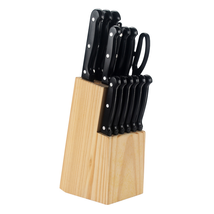Yangjiang kitchen knife 15-piece solid wood base knife set, home kitchen complete knife set, plastic handle multi-functional knife Item Picture
