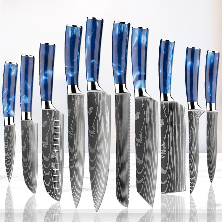 Stainless steel blue resin handle chef knife, meat and fruit slicing, all-purpose bone-removing kitchen knife 10-piece set, cross-border knives full figure
