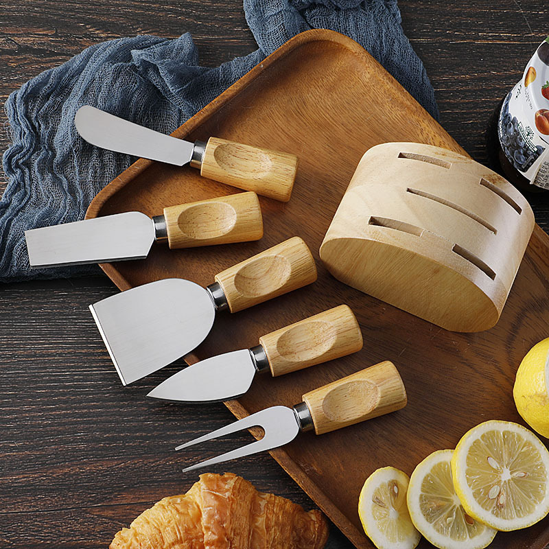 Cross-border stock rubber wood base cheese knife set, stainless steel cheese knife, cream knife, cheese knife and fork set, 5 pieces Specification drawing