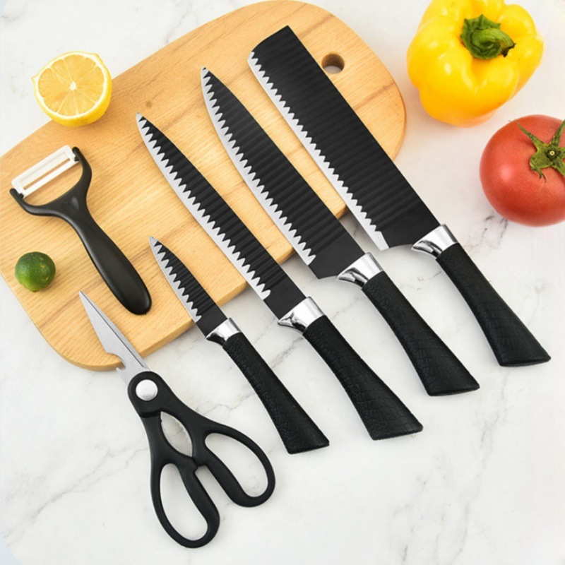 Popular export factory wholesale 238A non-stick corrugated knife black wavy pattern six-piece knife set gift color box details Picture