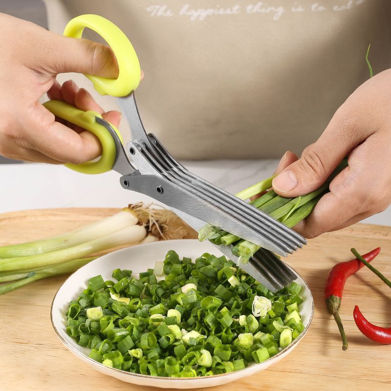 Five-layer scallion scissors, slanted stainless steel scallion scissors, shredded paper scissors, seaweed food scissors, household kitchen multi-layer scissors Specification drawing