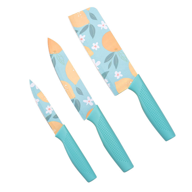 Cross-border in-stock stainless steel chef knives with fruit prints, three-piece set, sharp knife combination set, fruit kitchen knives Item Picture