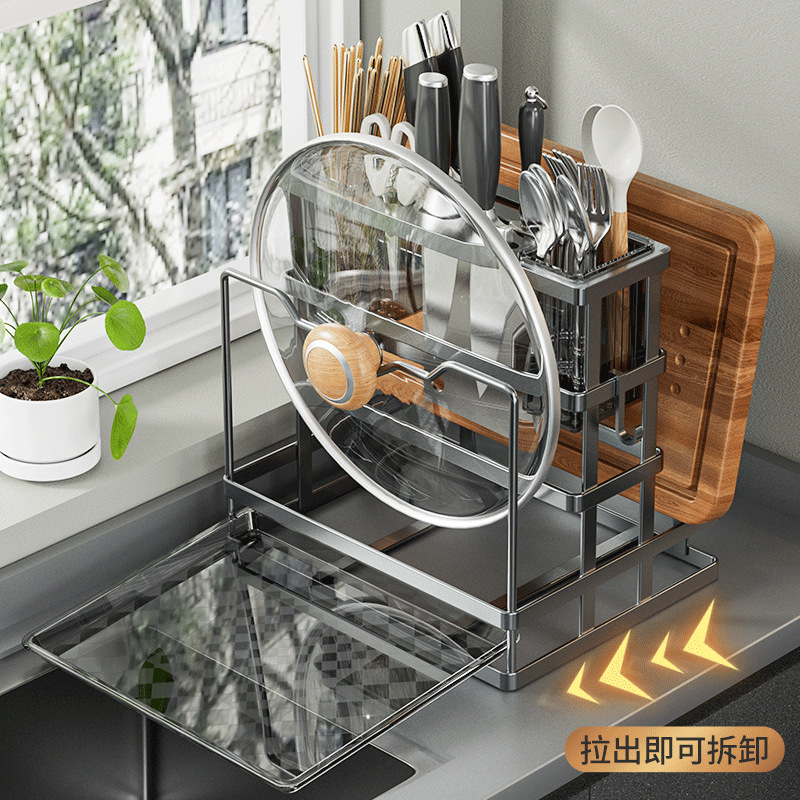 Kitchen knife rack, storage rack for kitchen knives, chopsticks, cutting boards, pot LIDS, cutting boards, wall-mounted multi-functional knife integrated storage rack Application Scenario