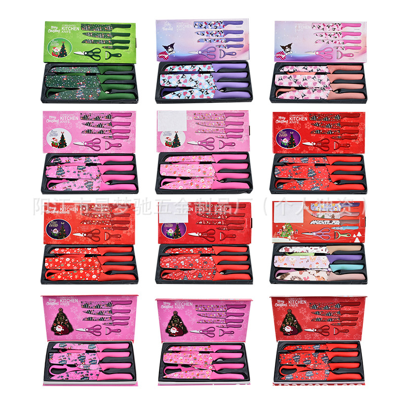 A popular export set of Christmas printed six-piece knife sets, kitchen knife sets and gift knife sets Item Picture