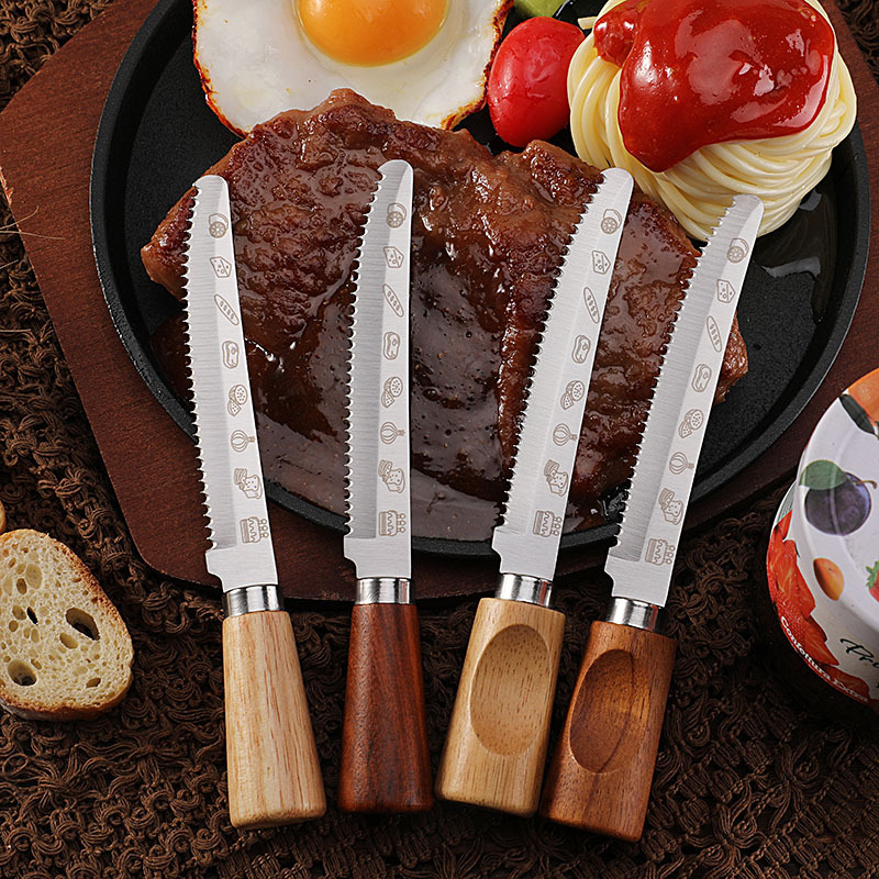 Cross-border in-stock stainless steel toothed barbecue knife, creative Western food knife, steak knife, solid wood handle serrated toast and bread knife Specification drawing
