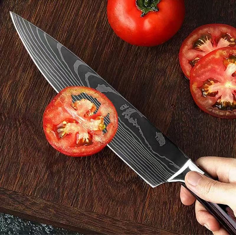 8-piece set of knife with wooden handle, 8-inch chef knife, kitchen knife set, Japanese knife, bread knife, slicing knife, fruit knife in stock Application Scenario