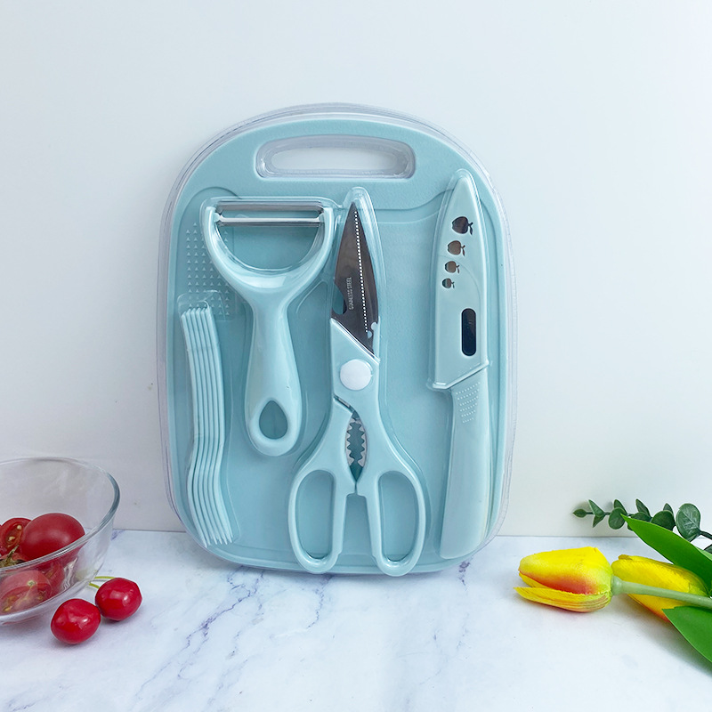 Stainless steel fruit knife five-piece set, children's complementary food knives, kitchen cutting board, cutting board, peeler, scissors and fork set details Picture