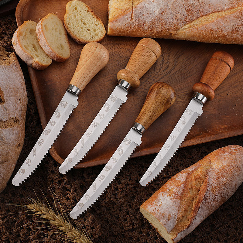 Factory stock wooden handle serrated steak knives, stainless steel creative tableware, Western steak knives, cake, toast and bread knives details Picture