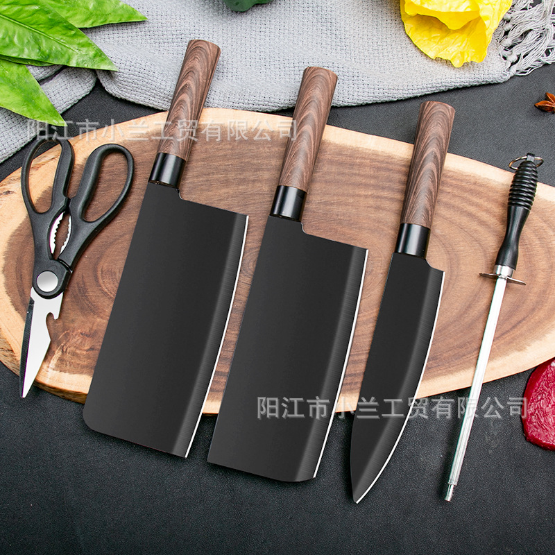 Knife set combination: Kitchen knife with wood grain handle, high-end household kitchen bone knife, meat knife, slicing knife in stock details Picture