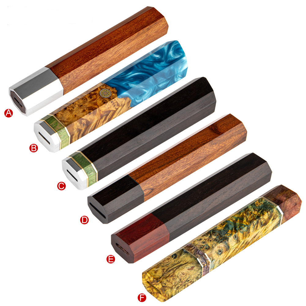 Manufacturer's kitchen knives, including octagonal handles, damask sashimi handles, and various types of knives made of rosewood and black bamboo full figure