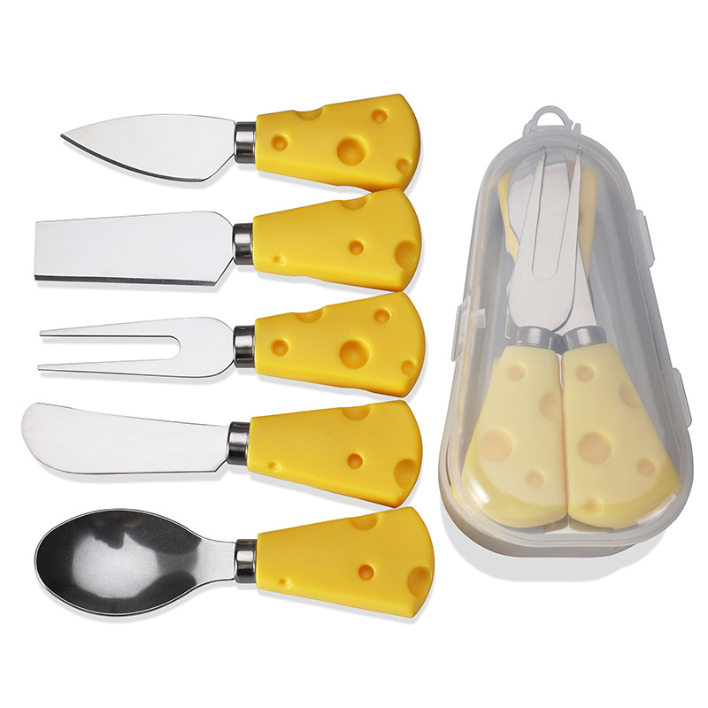 Cross-border creative tableware with storage box, portable cheesecake knife, stainless steel 5-piece cheese knife set Item Picture